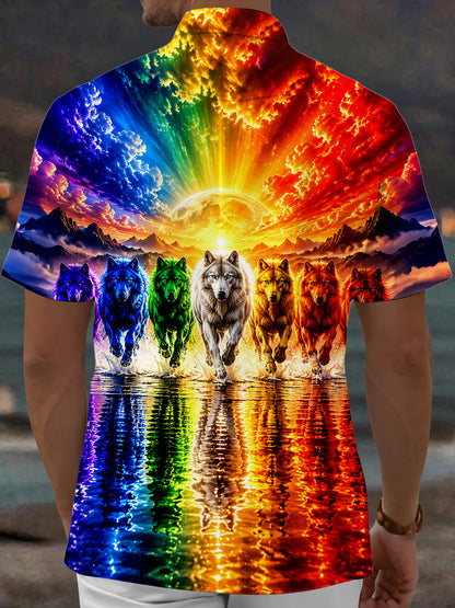 Adaychic Men's Hawaiian Rainbow Wolves Print Short Sleeve Shirt with Chest Pocket