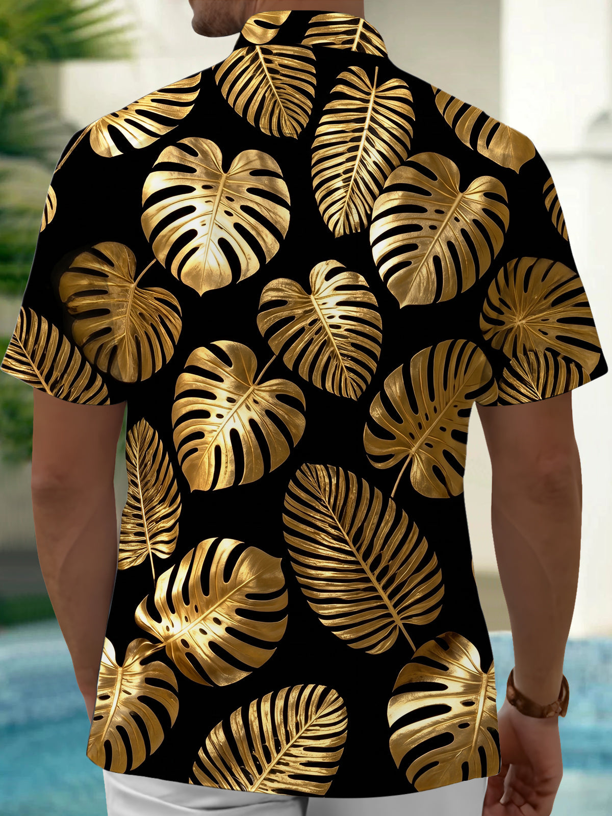 Adaychic Men's Gold Palm Leaf And Monstera Leaf Print Short Sleeve Shirt with Chest Pocket