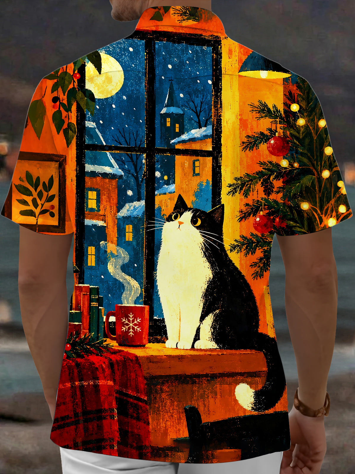 Adaychic Men's Printed Christmas Cat Print Short Sleeve Shirt with Chest Pocket