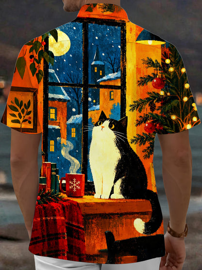 Adaychic Men's Printed Christmas Cat Print Short Sleeve Shirt with Chest Pocket