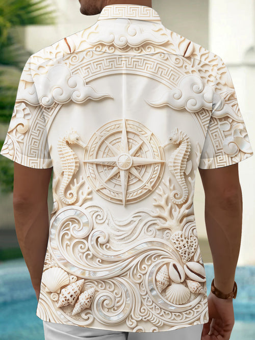 Adaychic Men's 3D 3D Relief Seahorse And Compass Rose Print Short Sleeve Shirt with Chest Pocket