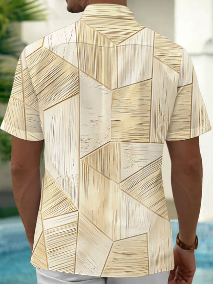 Adaychic Men's 3D 3D Wood Grain Geometric Mosaic Print Short Sleeve Shirt with Chest Pocket