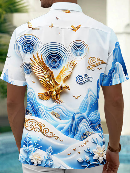 Adaychic Men's Golden Eagle And Mountain Landscape Print Short Sleeve Shirt with Chest Pocket