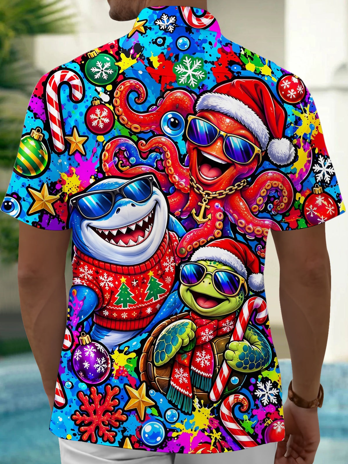 Adaychic Men's Hawaiian Christmas Marine Life Print Short Sleeve Shirt with Chest Pocket