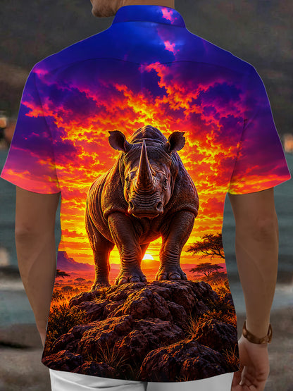 Adaychic Men's Hawaiian Rhino Sunset Landscape Print Short Sleeve Shirt with Chest Pocket