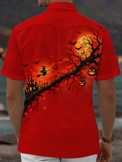 Adaychic Men's Graphic Halloween Witch And Pumpkins Print Short Sleeve Shirt with Chest Pocket