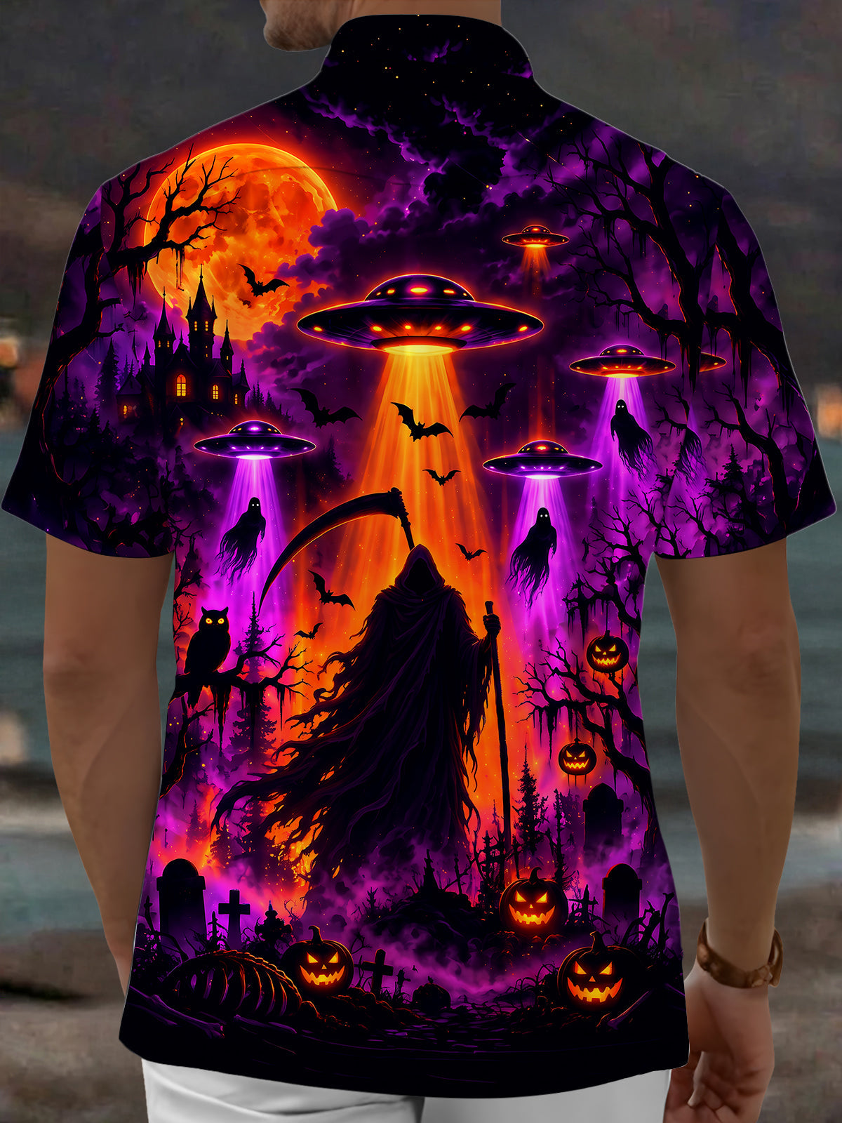 Adaychic Men's Short Sleeve Shirt - Halloween Grim Reaper And Jack-o-lanterns In A Graveyard Print with Chest Pocket