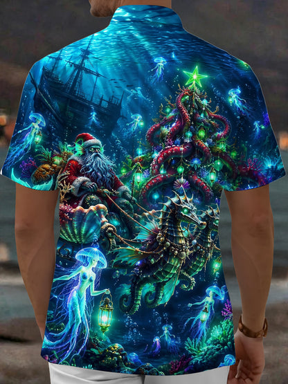 Adaychic Men's Christmas Tree Print Marine Life Print Short Sleeve Shirt