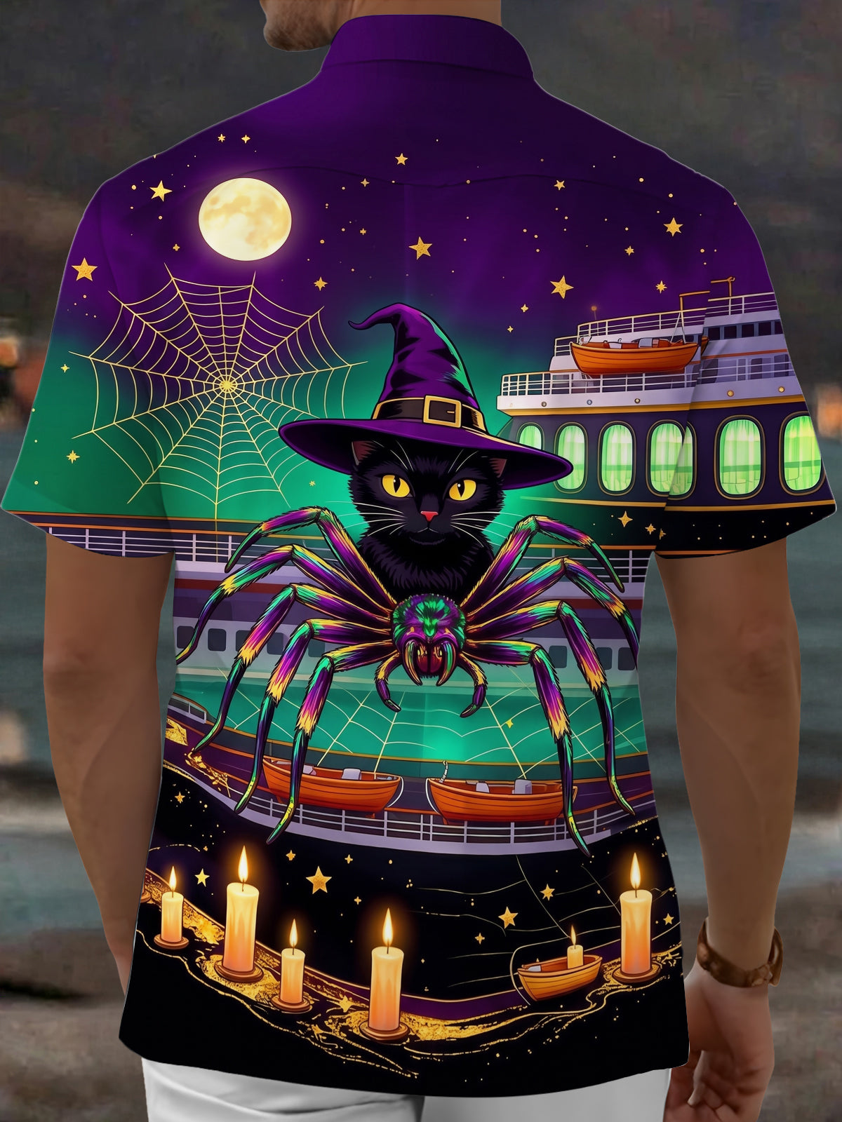 Adaychic Men's Graphic Halloween Black Cat And Spider Print Short Sleeve Shirt with Chest Pocket