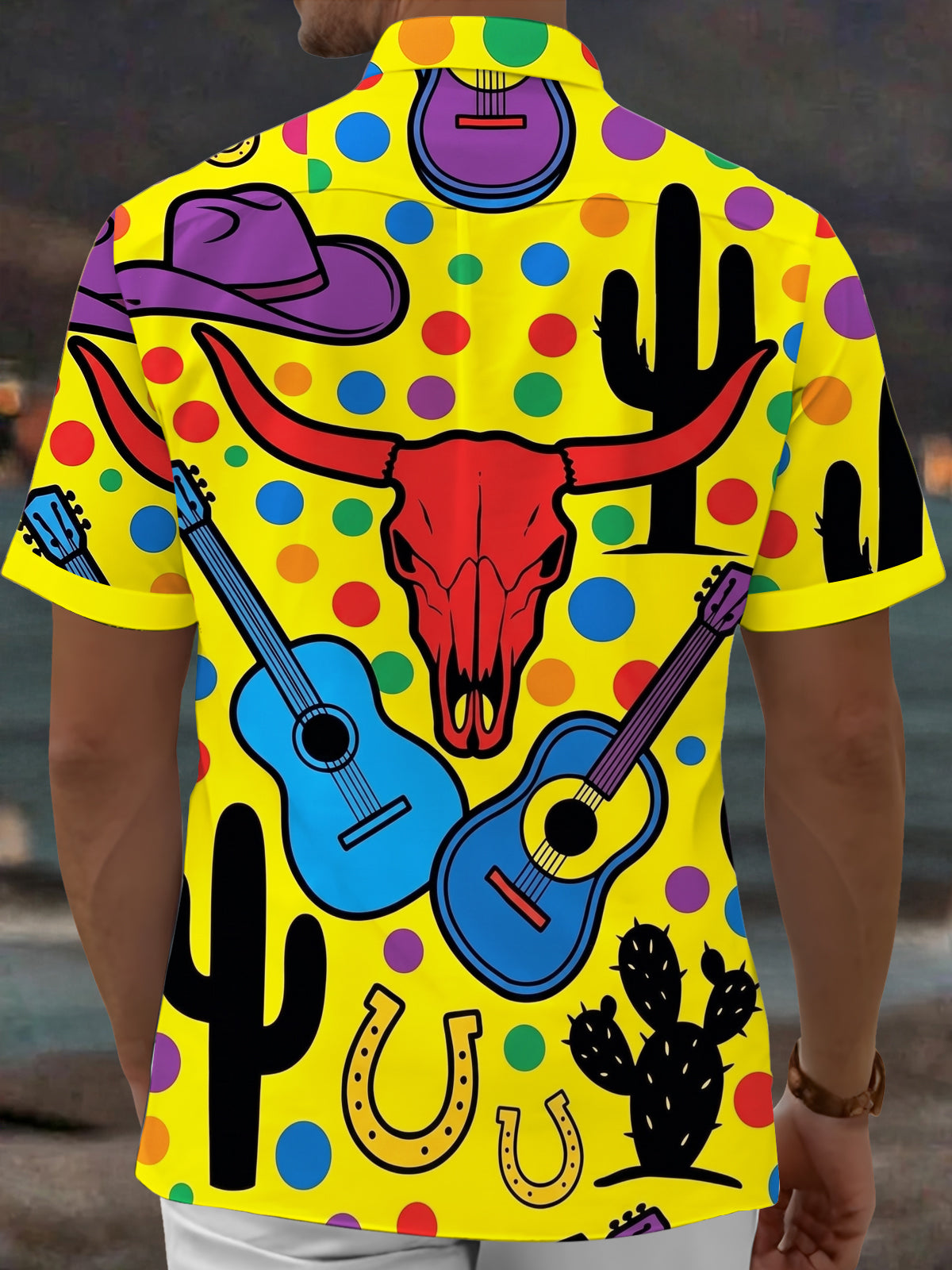 Adaychic Men's Printed Western Cow Skull Print Short Sleeve Shirt with Chest Pocket
