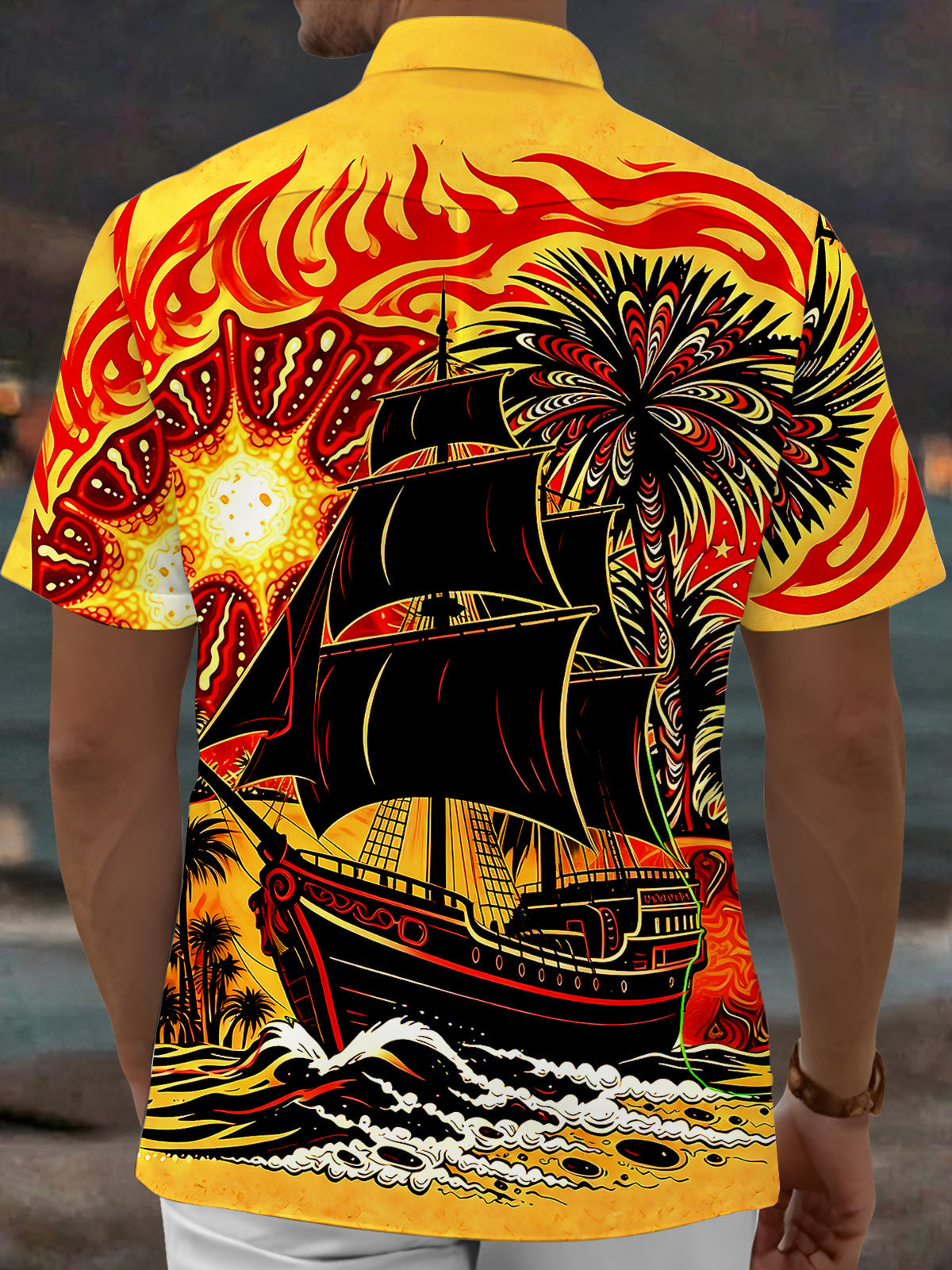 Adaychic Men's Hawaiian Pirate Ship Print Palm Tree Print Short Sleeve Shirt with Chest Pocket