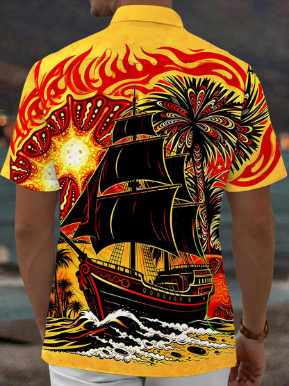 Adaychic Men's Hawaiian Pirate Ship Print Palm Tree Print Short Sleeve Shirt with Chest Pocket