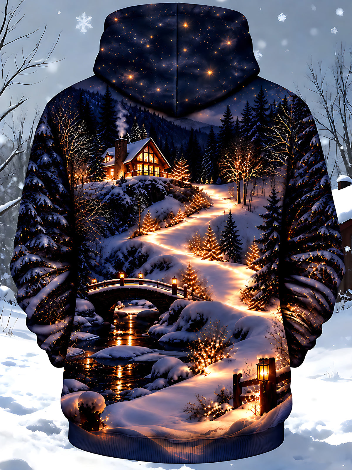 Adaychic Men's Graphic Winter Night Landscape Print Long Sleeve Hoodie with Chest Pocket