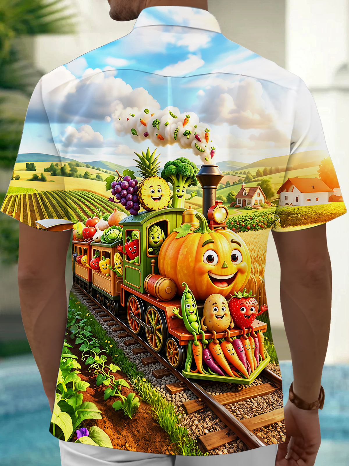 Adaychic Men's Short Sleeve Shirt - Cartoon Pumpkin Train With Fruits And Vegetables Print with Chest Pocket