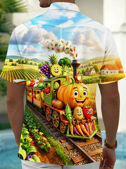 Adaychic Men's Short Sleeve Shirt - Cartoon Pumpkin Train With Fruits And Vegetables Print with Chest Pocket