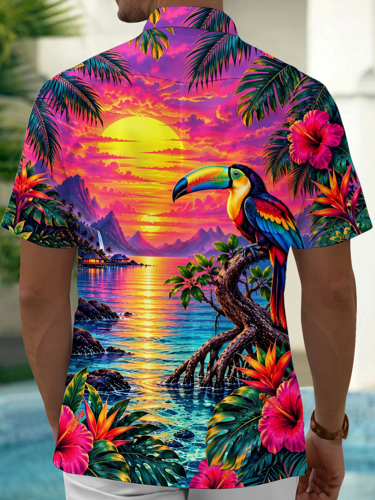Adaychic Men's Hawaiian Toucan Sunset Landscape Print Short Sleeve Shirt with Chest Pocket