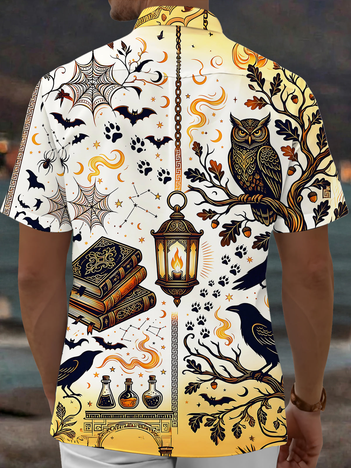 Adaychic Men's Short Sleeve Shirt - Halloween Bats And Spiderwebs Print Mystic Owl And Grimoire Books Print with Chest Pocket