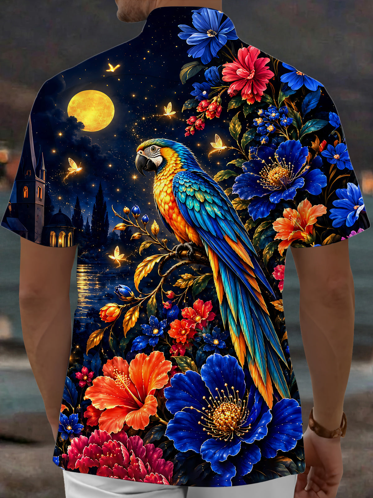 Adaychic Men's Hawaiian Parrot Night Scene Print Short Sleeve Shirt with Chest Pocket