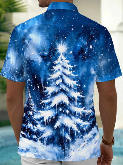 Adaychic Men's Hawaiian Snow-covered Christmas Tree Print Short Sleeve Shirt with Chest Pocket