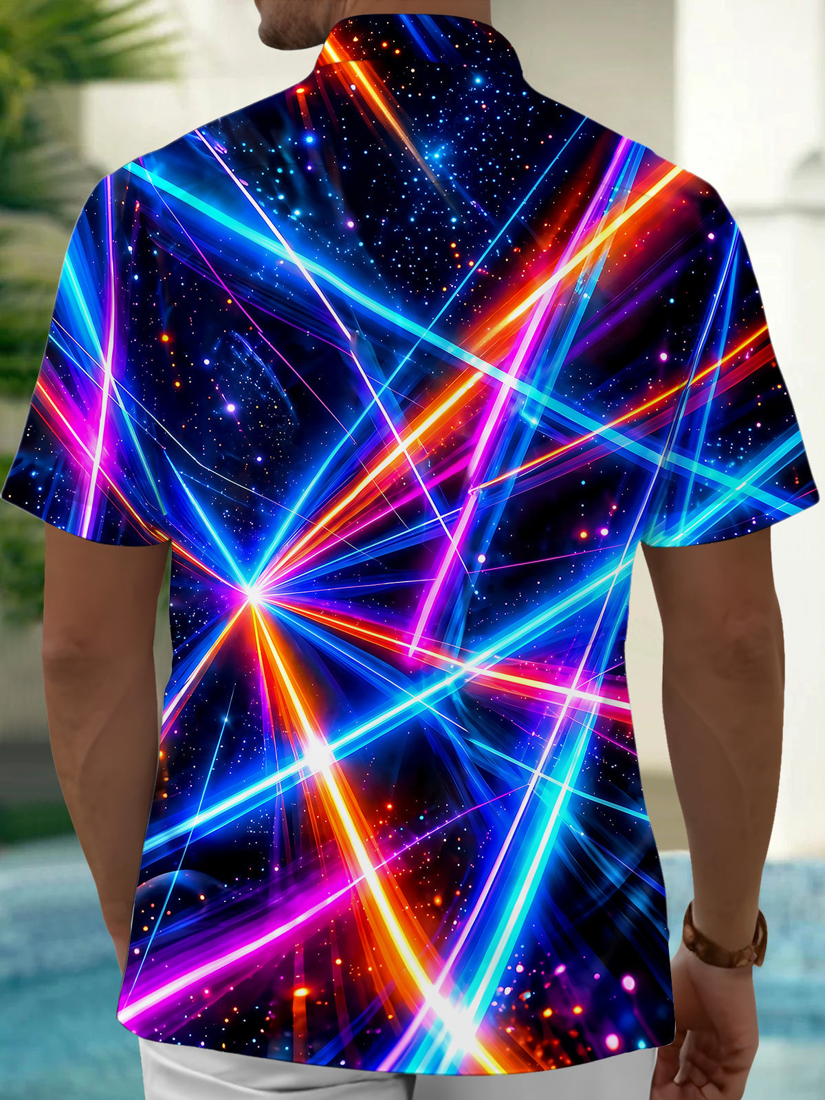 Adaychic Men's Neon Geometric Light Rays And Stars Print Short Sleeve Shirt with Chest Pocket
