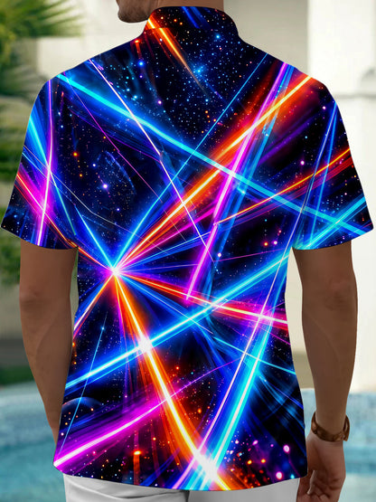 Adaychic Men's Neon Geometric Light Rays And Stars Print Short Sleeve Shirt with Chest Pocket