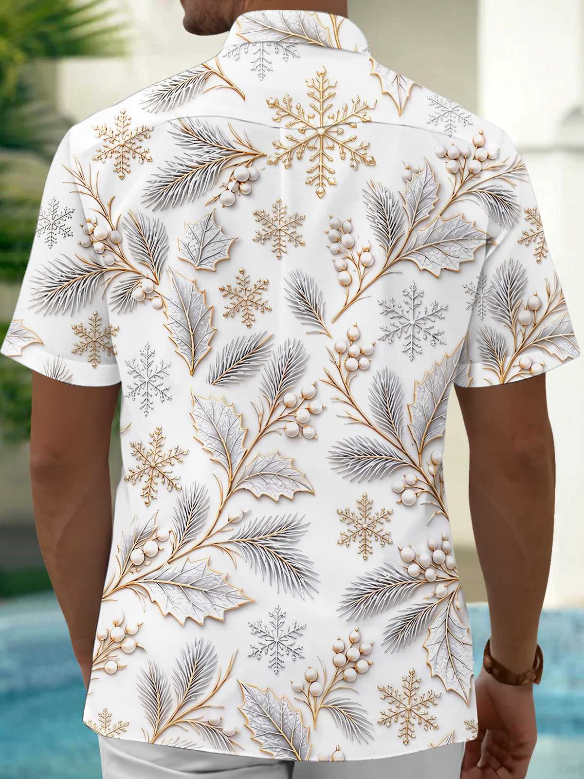 Adaychic Men's Winter Snowflakes And Winter Leaves Print Short Sleeve Shirt with Chest Pocket