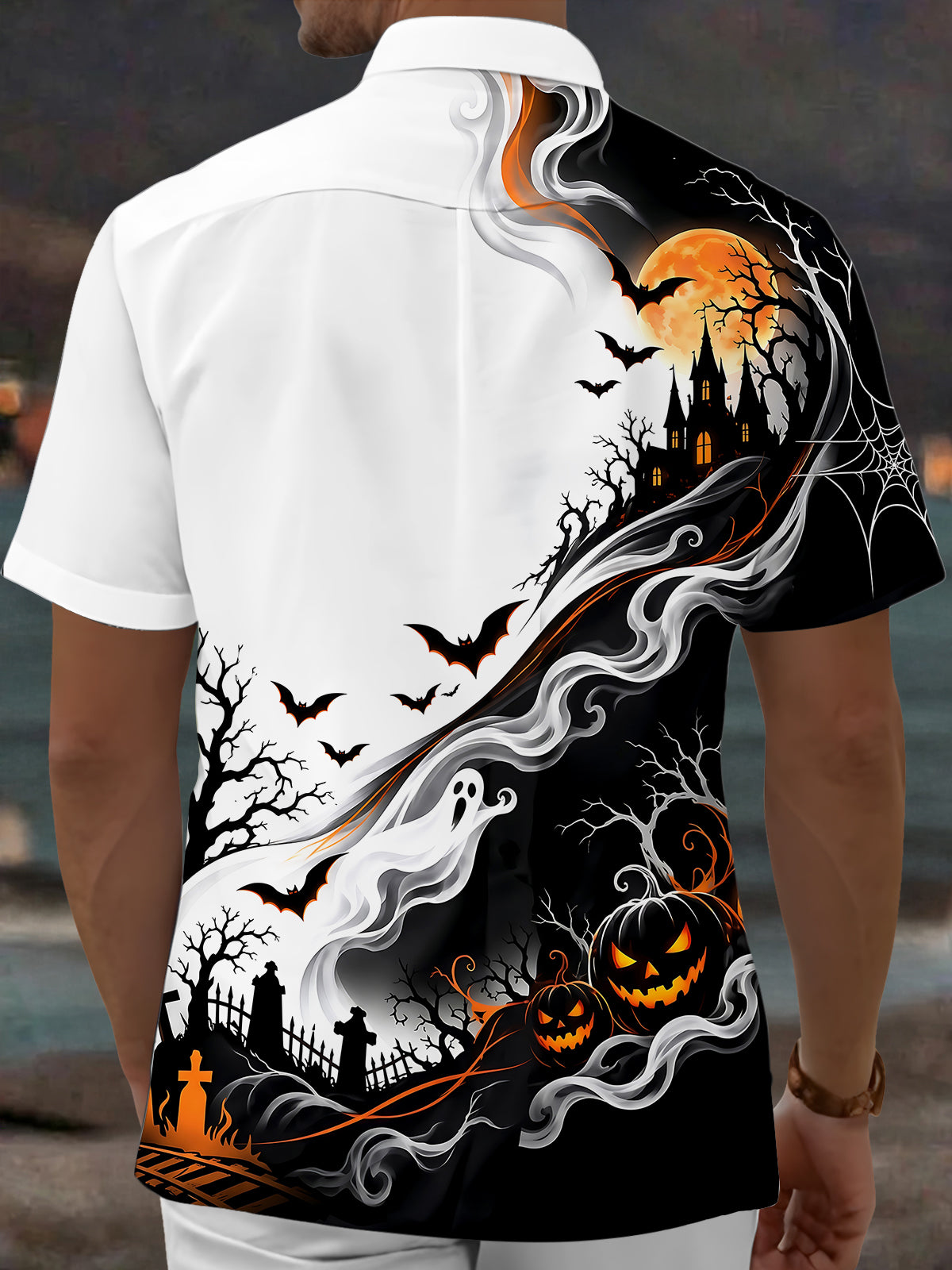Adaychic Men's Graphic Halloween Ghosts And Pumpkins Print Short Sleeve Shirt with Chest Pocket