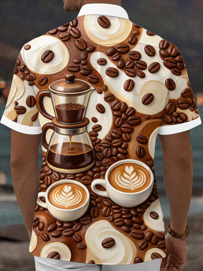 Adaychic Men's Coffee Beans And Pour Over Coffee Maker Print Short Sleeve Shirt with Chest Pocket