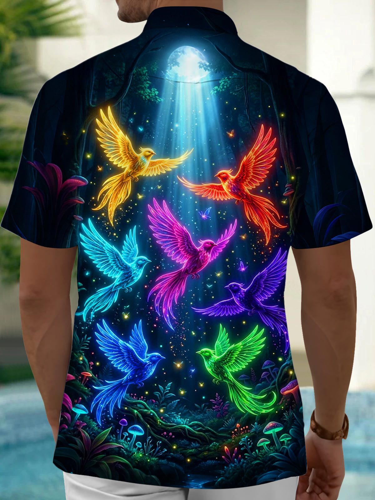 Adaychic Men's Hawaiian Neon Colorful Birds Print Short Sleeve Shirt with Chest Pocket
