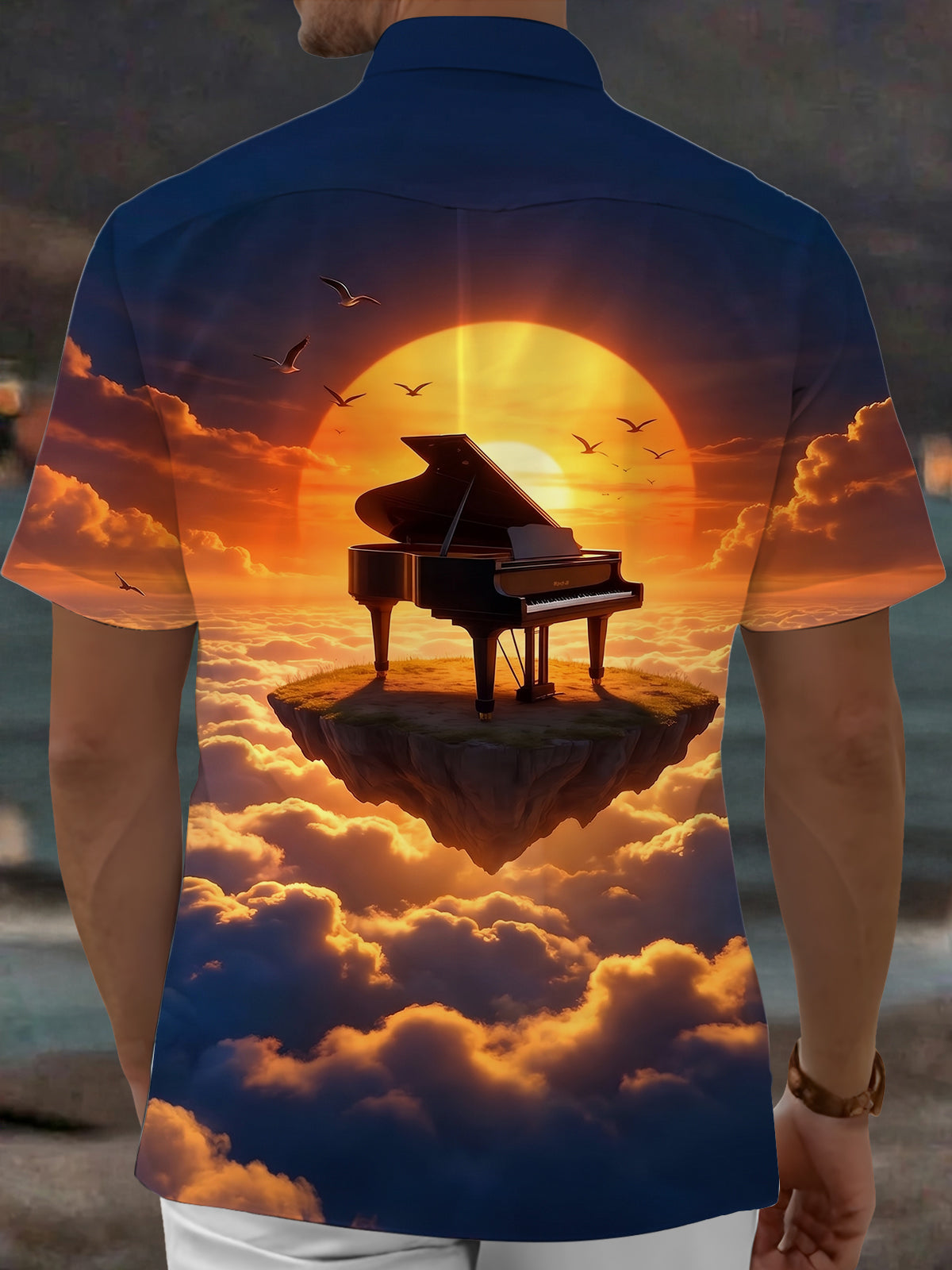 Adaychic Men's Hawaiian Grand Piano On Floating Island Print Short Sleeve Shirt with Chest Pocket