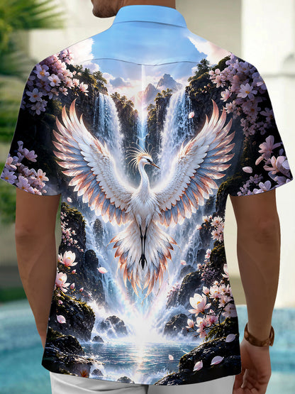 Adaychic Men's Hawaiian White Crane Print Short Sleeve Shirt with Chest Pocket