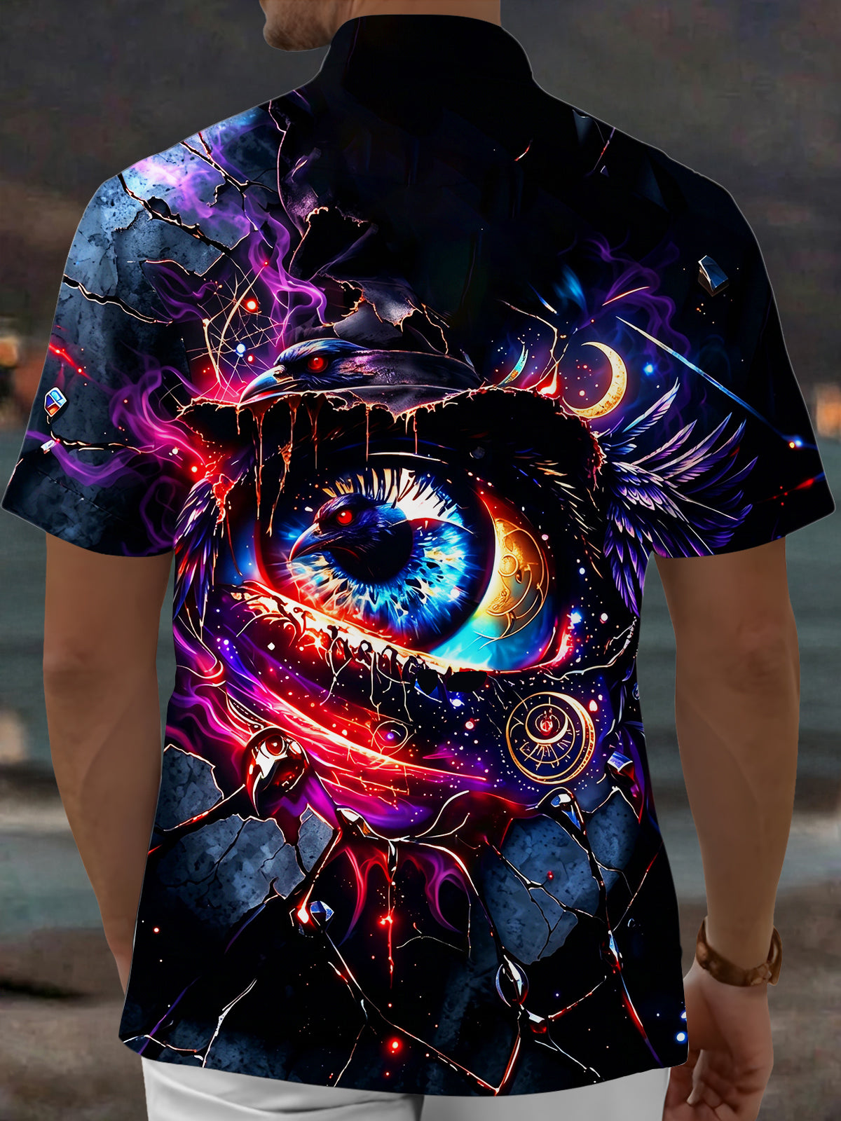 Adaychic Men's Graphic Mystic Raven And Cosmic Eye Print Short Sleeve Shirt with Chest Pocket