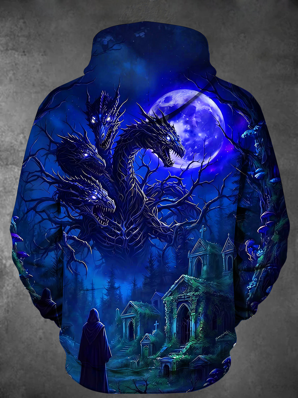 Adaychic Men's Multi-headed Dragon And Graveyard Print Long Sleeve Hoodie