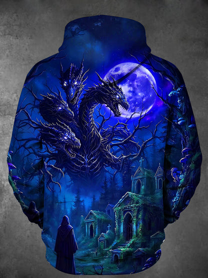 Adaychic Men's Multi-headed Dragon And Graveyard Print Long Sleeve Hoodie