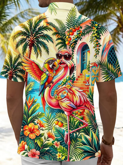 Adaychic Men's Short Sleeve Shirt - Flamingo And Parrot With Tropical Plants Print with Chest Pocket