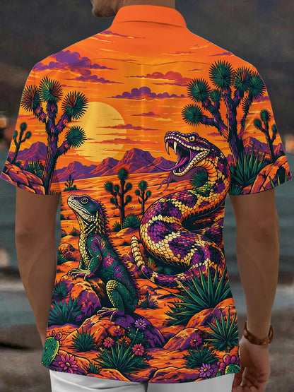 Adaychic Men's Short Sleeve Shirt - Desert Snake And Lizard Sunset Landscape Print with Chest Pocket
