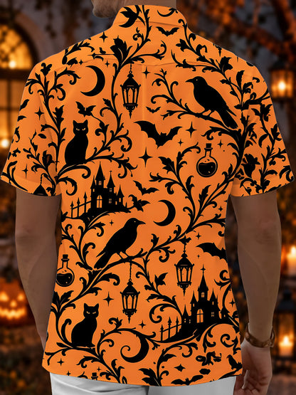 Adaychic Men's Short Sleeve Shirt - Halloween Black Cats Crows Bats Castles And Moon Print with Chest Pocket