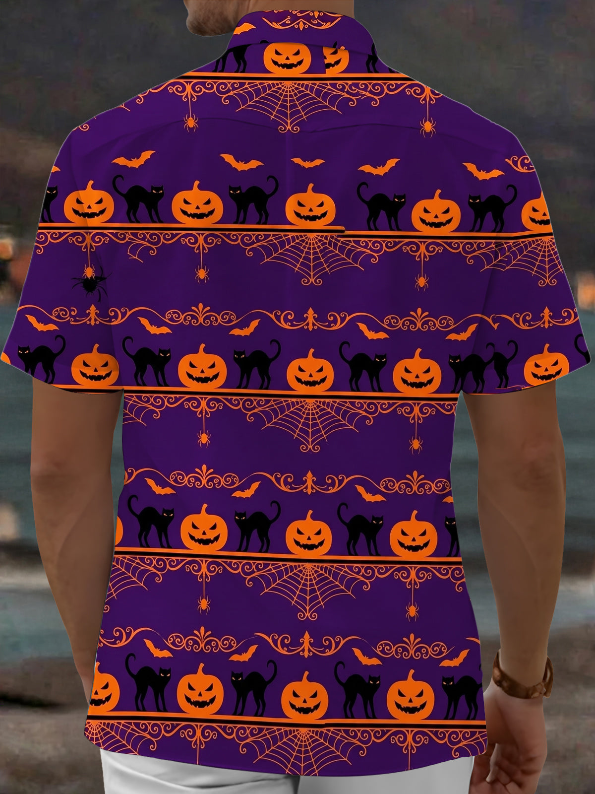 Adaychic Men's Halloween Black Cats And Pumpkins Print Short Sleeve Shirt with Chest Pocket