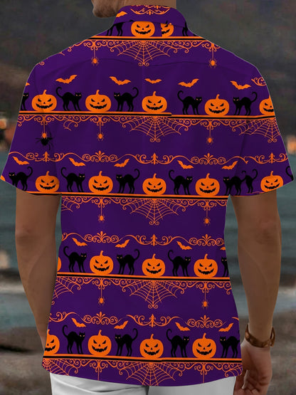 Adaychic Men's Halloween Black Cats And Pumpkins Print Short Sleeve Shirt with Chest Pocket