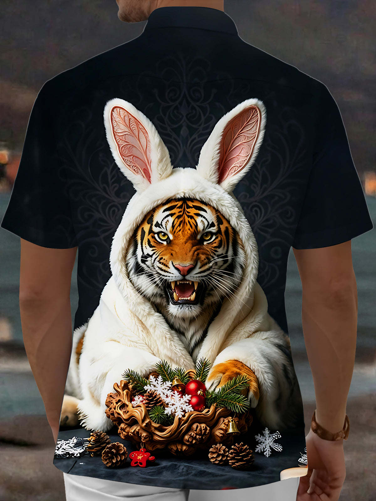 Adaychic Men's Short Sleeve Shirt - Christmas Ornaments And Pine Cones Print Tiger In Bunny Costume Print with Chest Pocket
