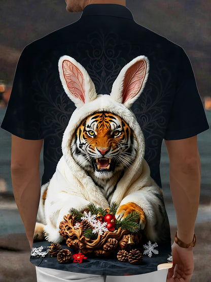 Adaychic Men's Short Sleeve Shirt - Christmas Ornaments And Pine Cones Print Tiger In Bunny Costume Print with Chest Pocket