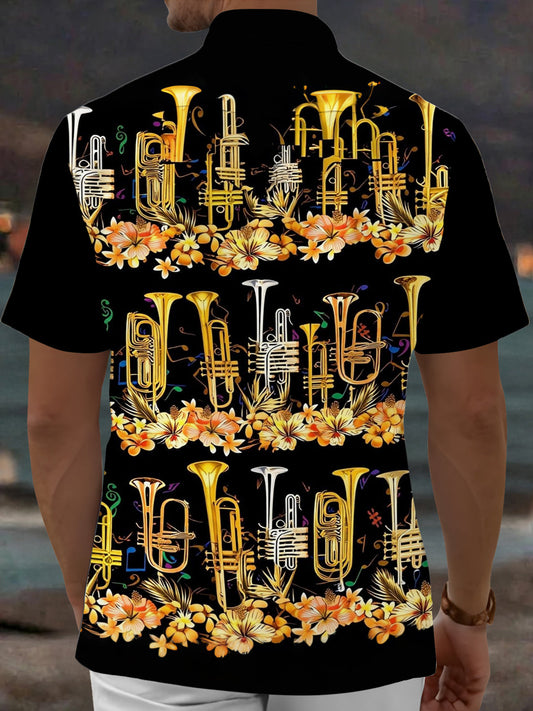 Adaychic Men's Hawaiian Brass Instruments Print Short Sleeve Shirt with Chest Pocket