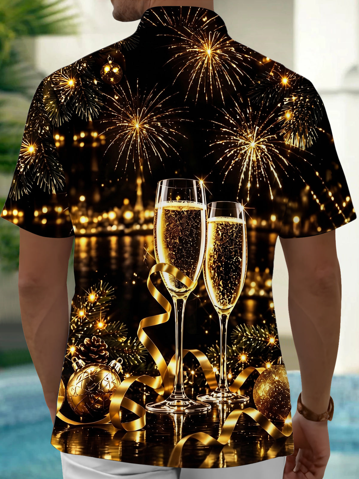 Adaychic Men's Short Sleeve Shirt - Christmas Ornaments And Pine Branches Print New Year New Year Champagne Toast With Fireworks Print