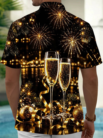 Adaychic Men's Short Sleeve Shirt - Christmas Ornaments And Pine Branches Print New Year New Year Champagne Toast With Fireworks Print