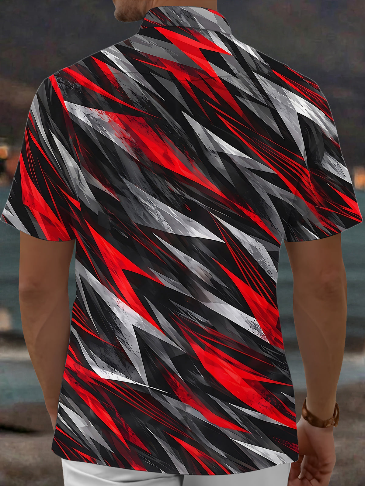 Adaychic Men's Abstract Geometric Jagged Lines Print Short Sleeve Shirt with Chest Pocket