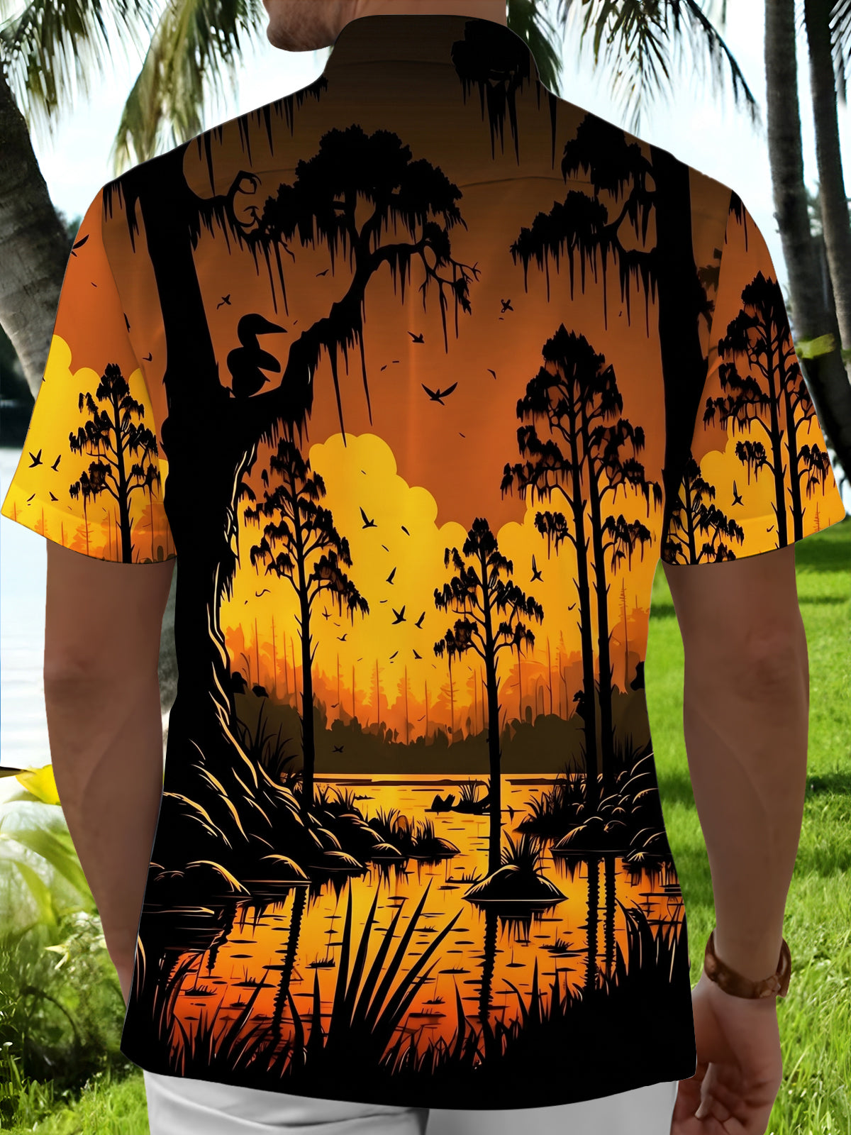 Adaychic Men's Hawaiian Sunset Swamp Landscape Print Short Sleeve Shirt with Chest Pocket