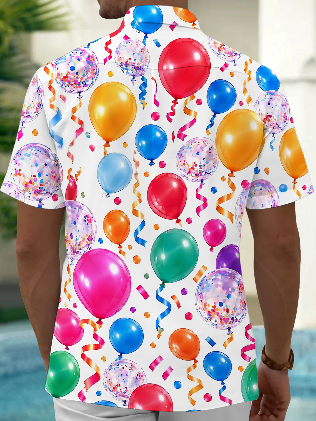 Adaychic Men's Hawaiian Colorful Balloons And Confetti Print Short Sleeve Shirt with Chest Pocket