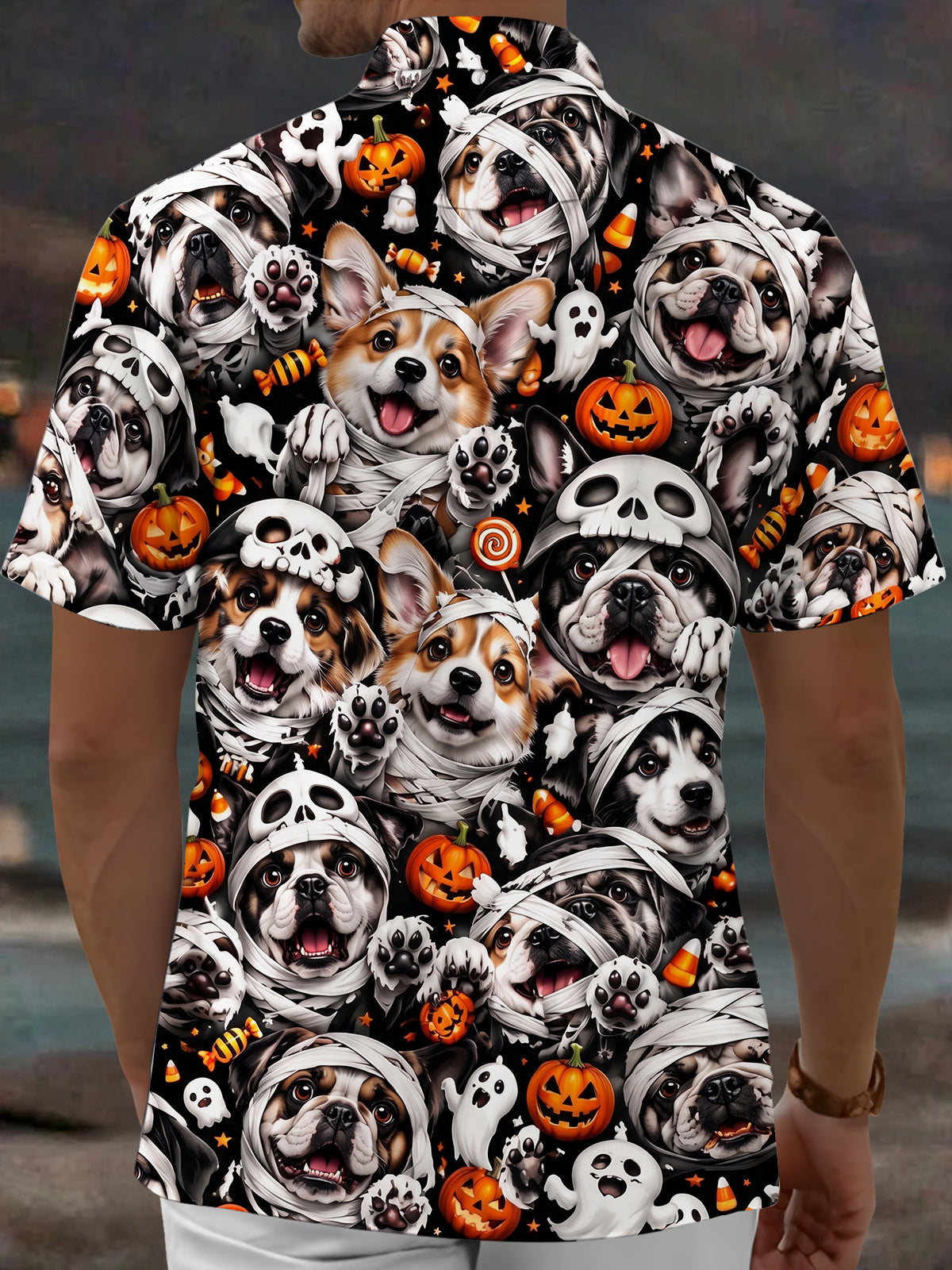 Adaychic Men's Halloween Mummy Dogs And Pumpkins Print Short Sleeve Shirt with Chest Pocket
