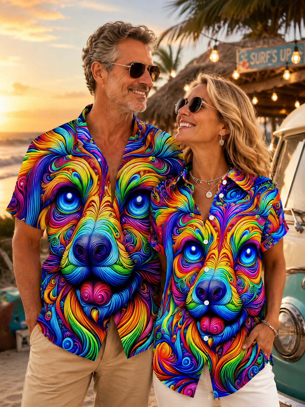 Adaychic Psychedelic Dog Face Print Short Sleeve Matching Couple Shirts with Chest Pocket