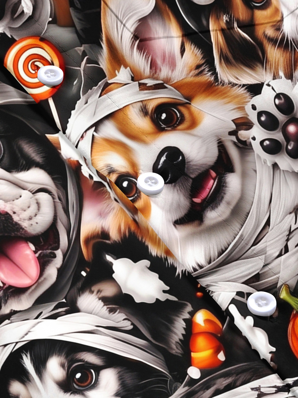 Adaychic Men's Halloween Mummy Dogs And Pumpkins Print Short Sleeve Shirt with Chest Pocket